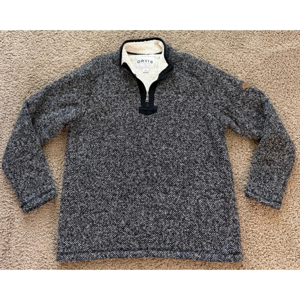 Orvis Mens Sherpa Lined Quarter Zip Pullover Sweater Black White Marl Large